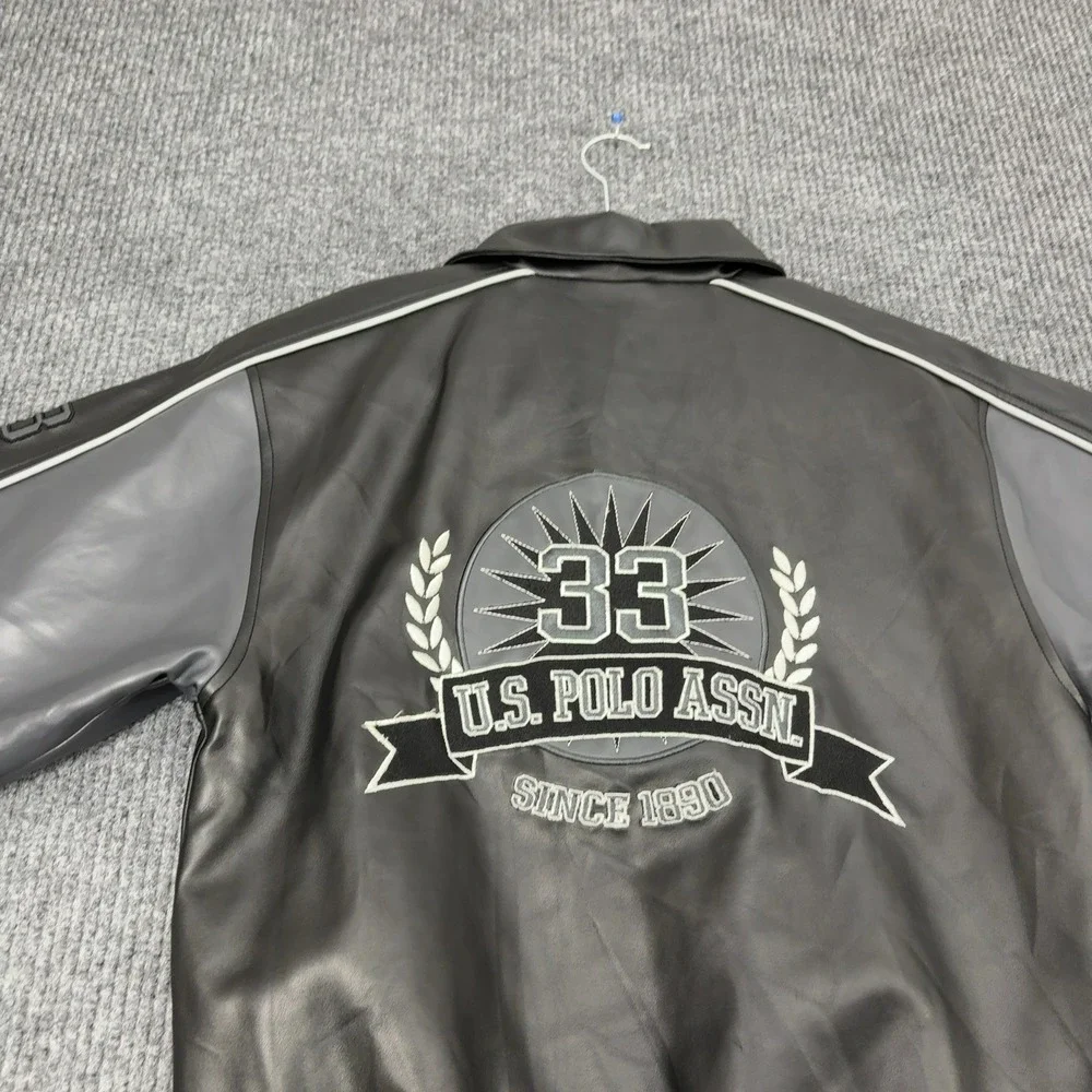 U.S. Polo Assn Jacket Boys L Black Polyurethane Faux Leather Bomber Varsity Moto